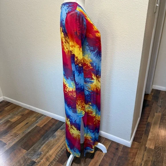 NYC Rainbow Multicolor Mesh Rave Open Front Sheer Disco Duster Cardigan Medium - Picture 5 of 16